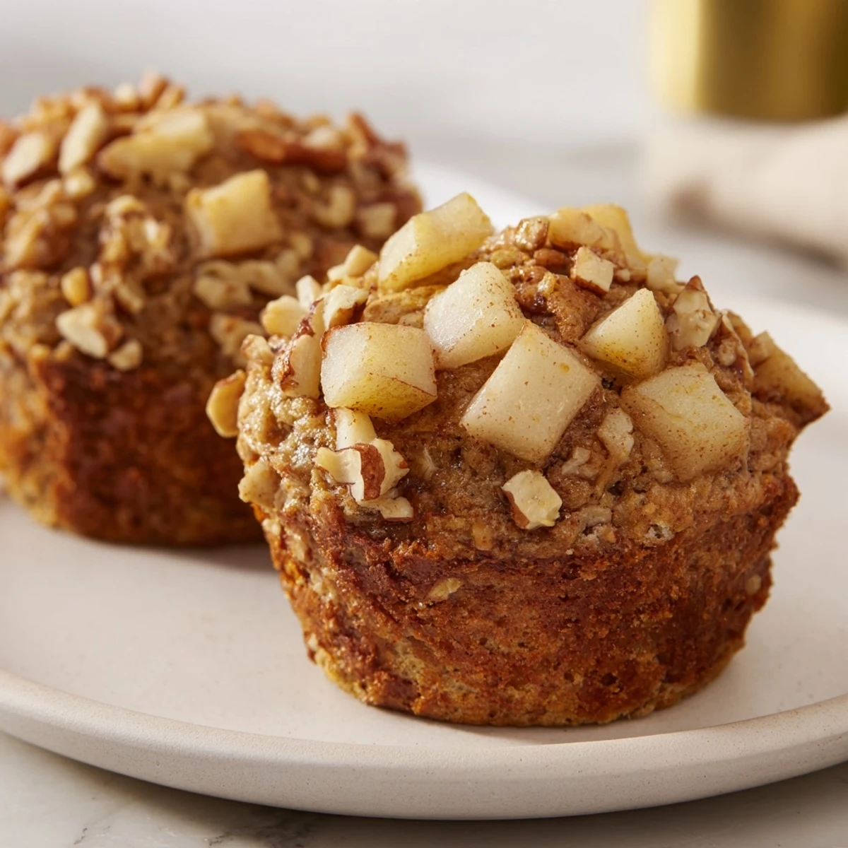Golden-brown Seasonal Spiced Pear and Walnut Muffins, freshly baked and ready to enjoy with a warm drink.