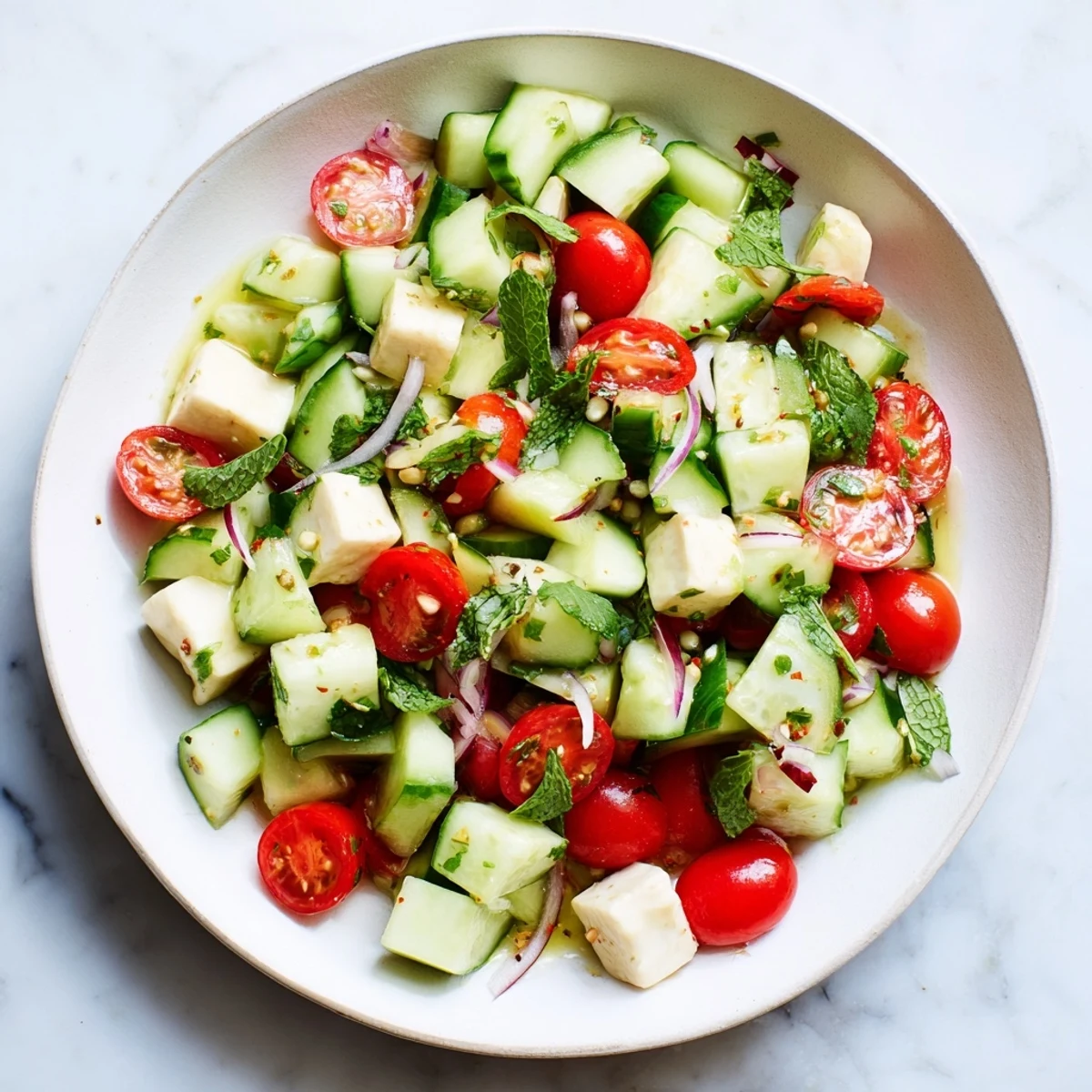 A close-up of Fresh Cucumber and Chickpea Salad, bursting with fresh Mediterranean flavors.