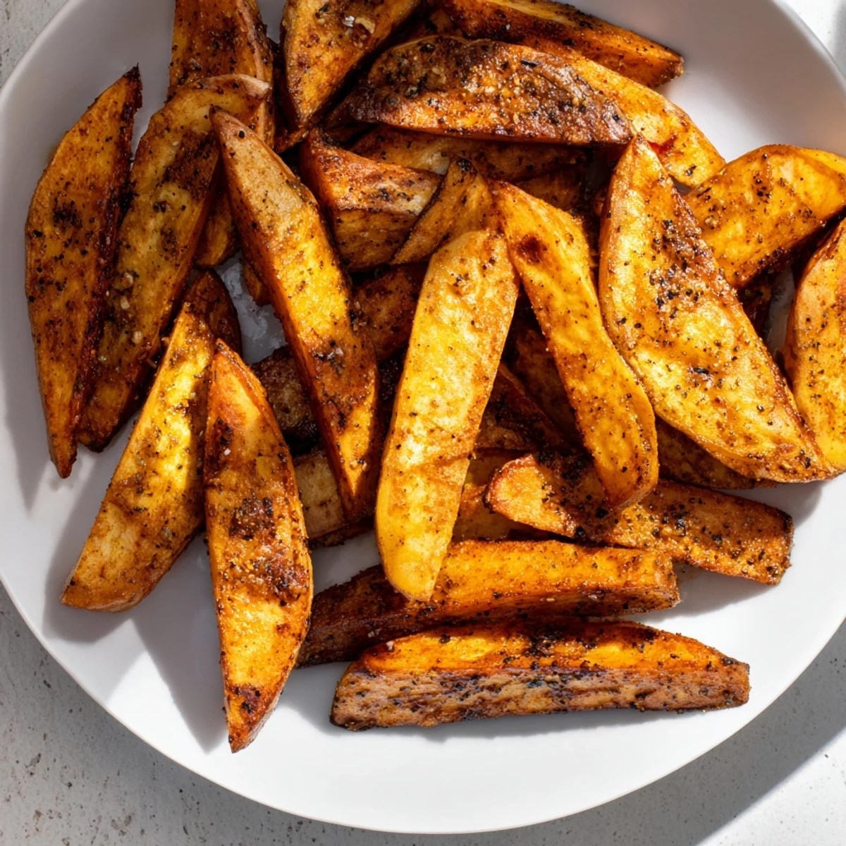 Crunchy, golden-brown crispy oven-baked sweet potato wedges, a delightful and healthy side dish.