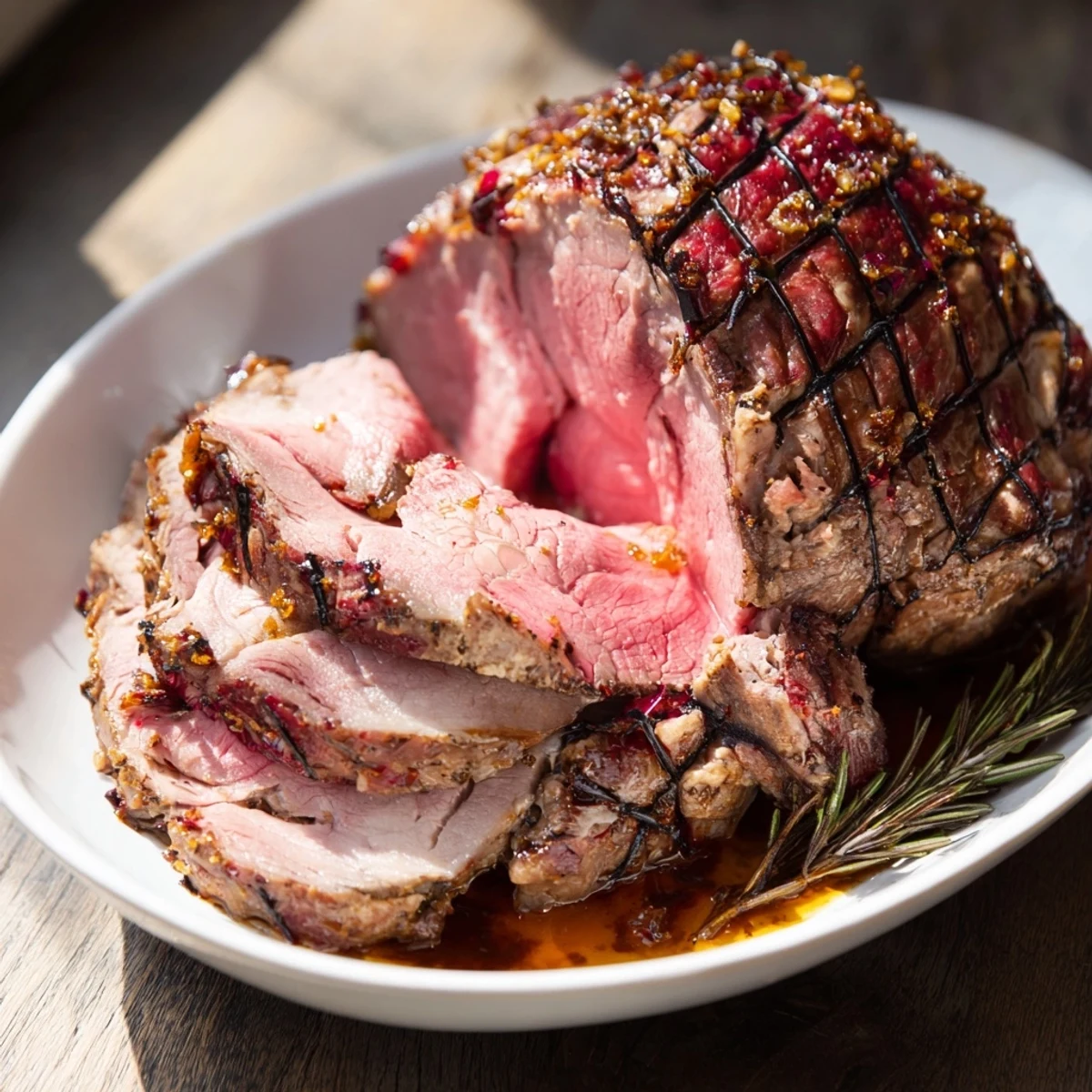 Golden-brown slow-cooked honey glazed ham, glistening and ready for a festive holiday meal.