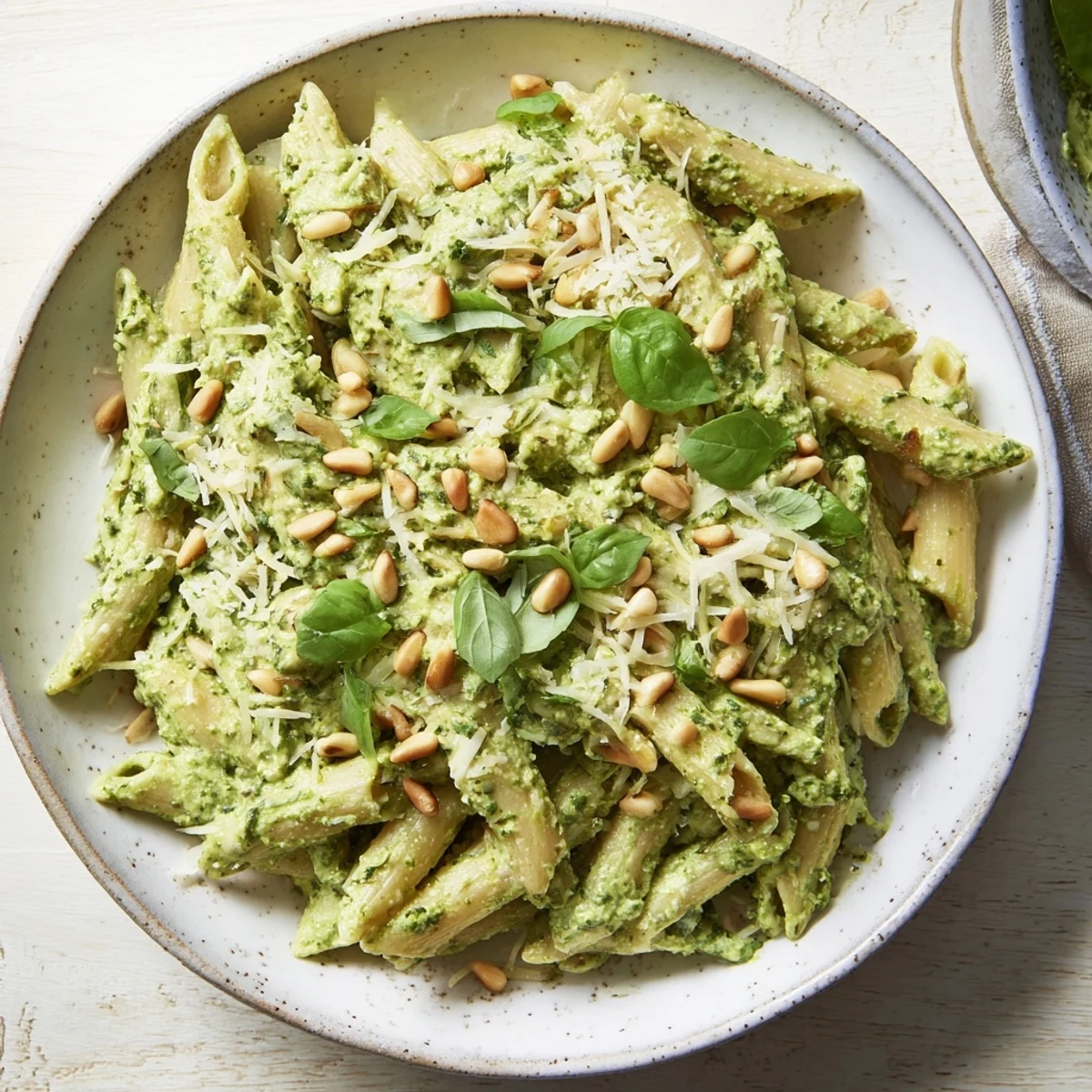 Steamy bowl of the best 15-minute creamy pesto pasta, a quick and delicious Italian dinner.