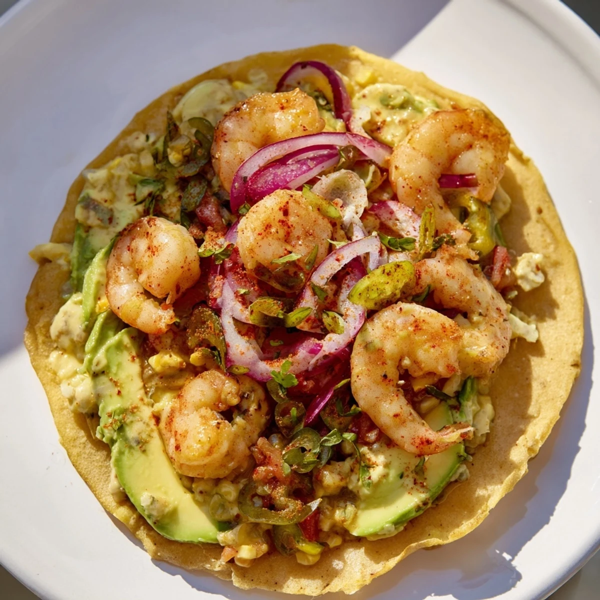 Quick Shrimp and Avocado Tostadas showcase grilled shrimp atop creamy avocado on crispy corn tostadas.