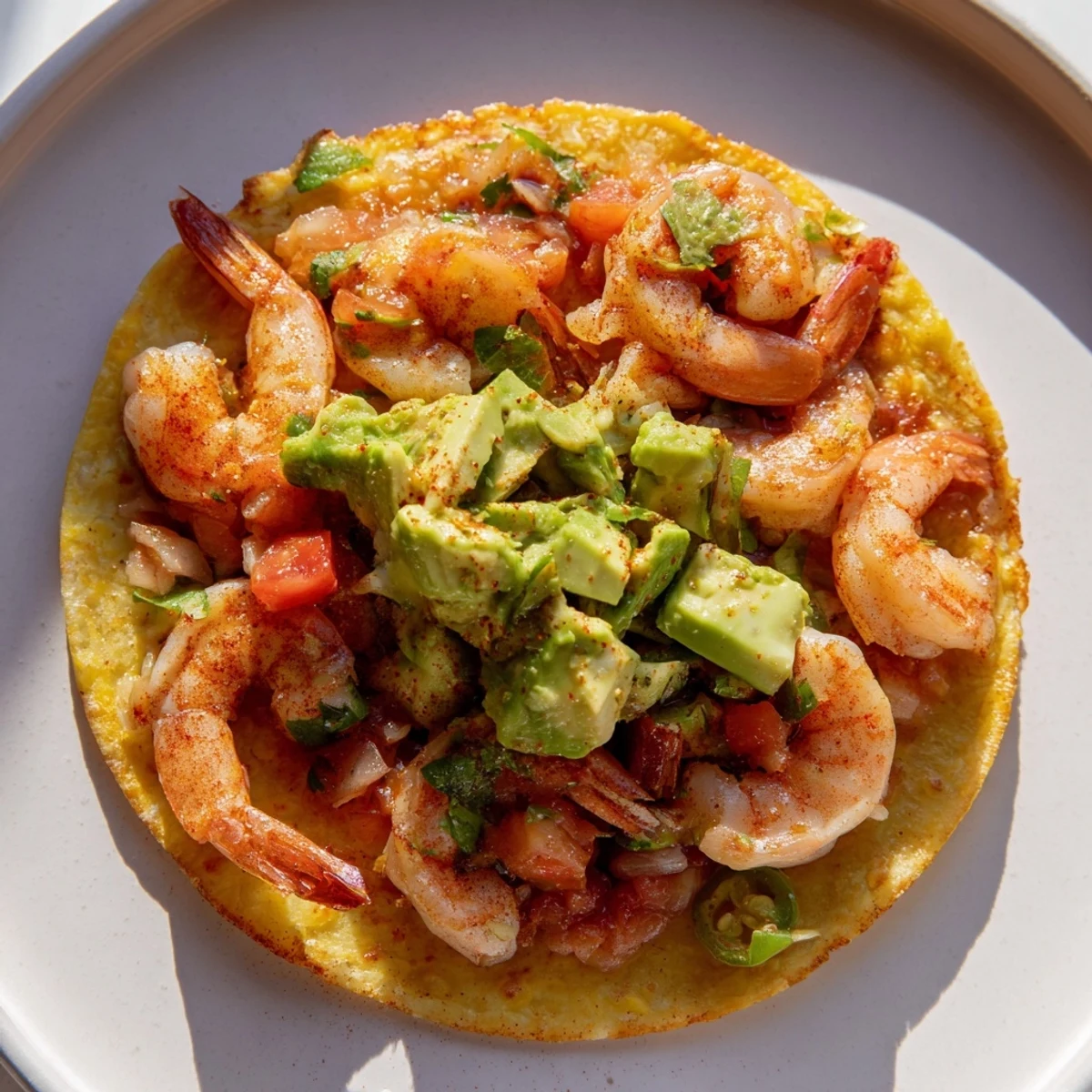 Fresh, zesty Quick Shrimp and Avocado Tostadas feature colorful garnishes, ready for a flavorful bite.