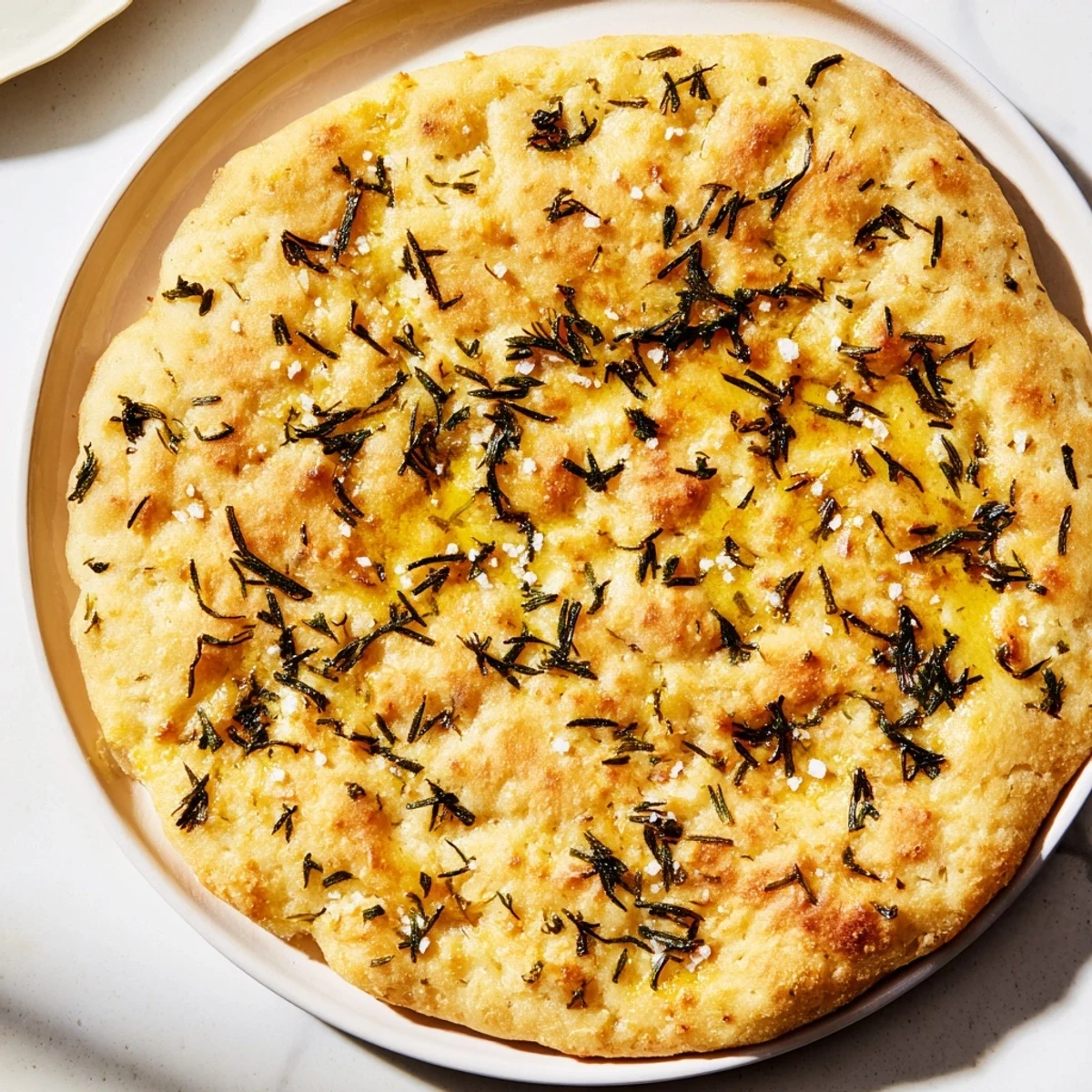 A close-up of Quick Homemade Flatbread with Rosemary and Sea Salt, showing flaky salt crystals.
