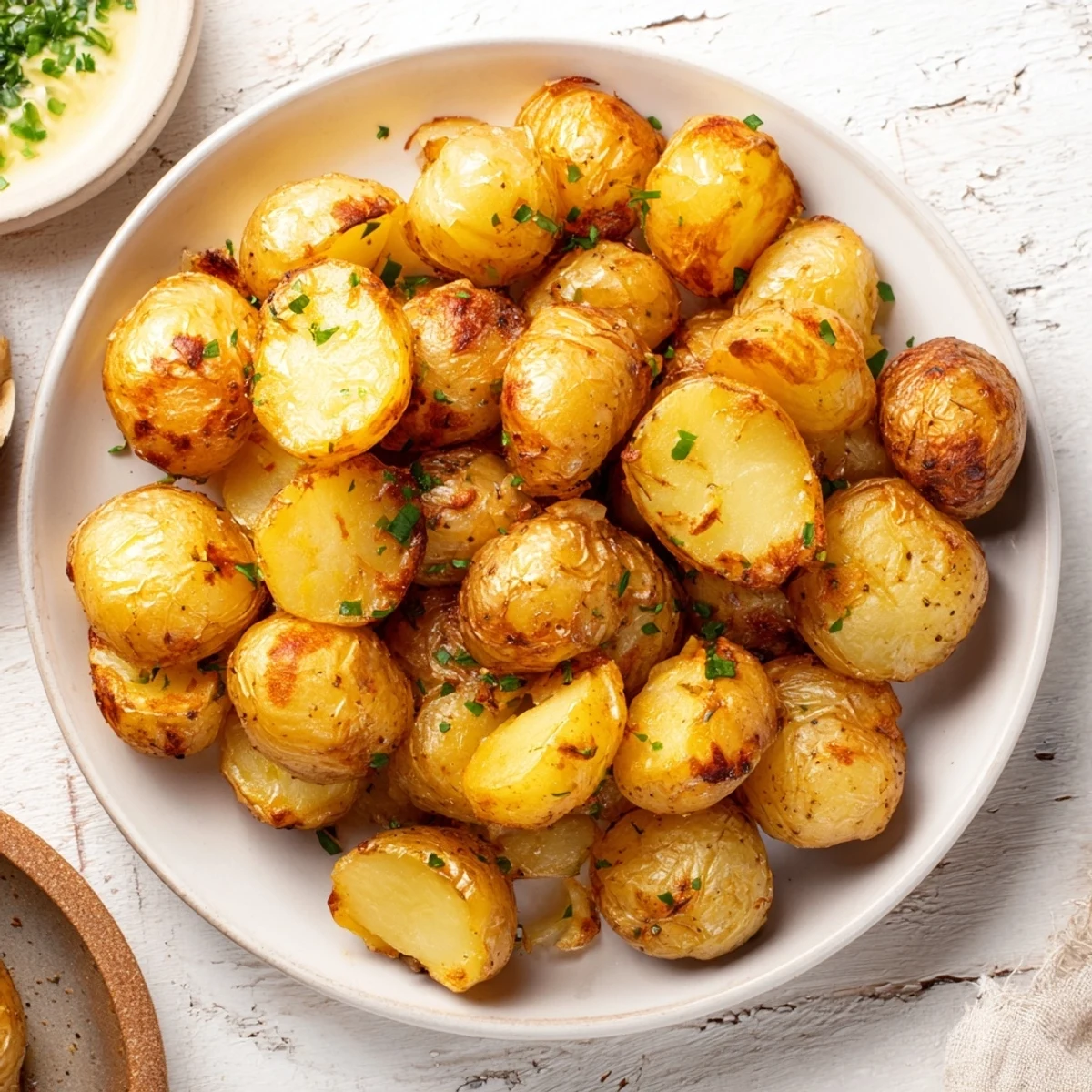 Freshly baked crispy garlic butter roasted smash potatoes, glistening with melted butter, perfect for dinner.