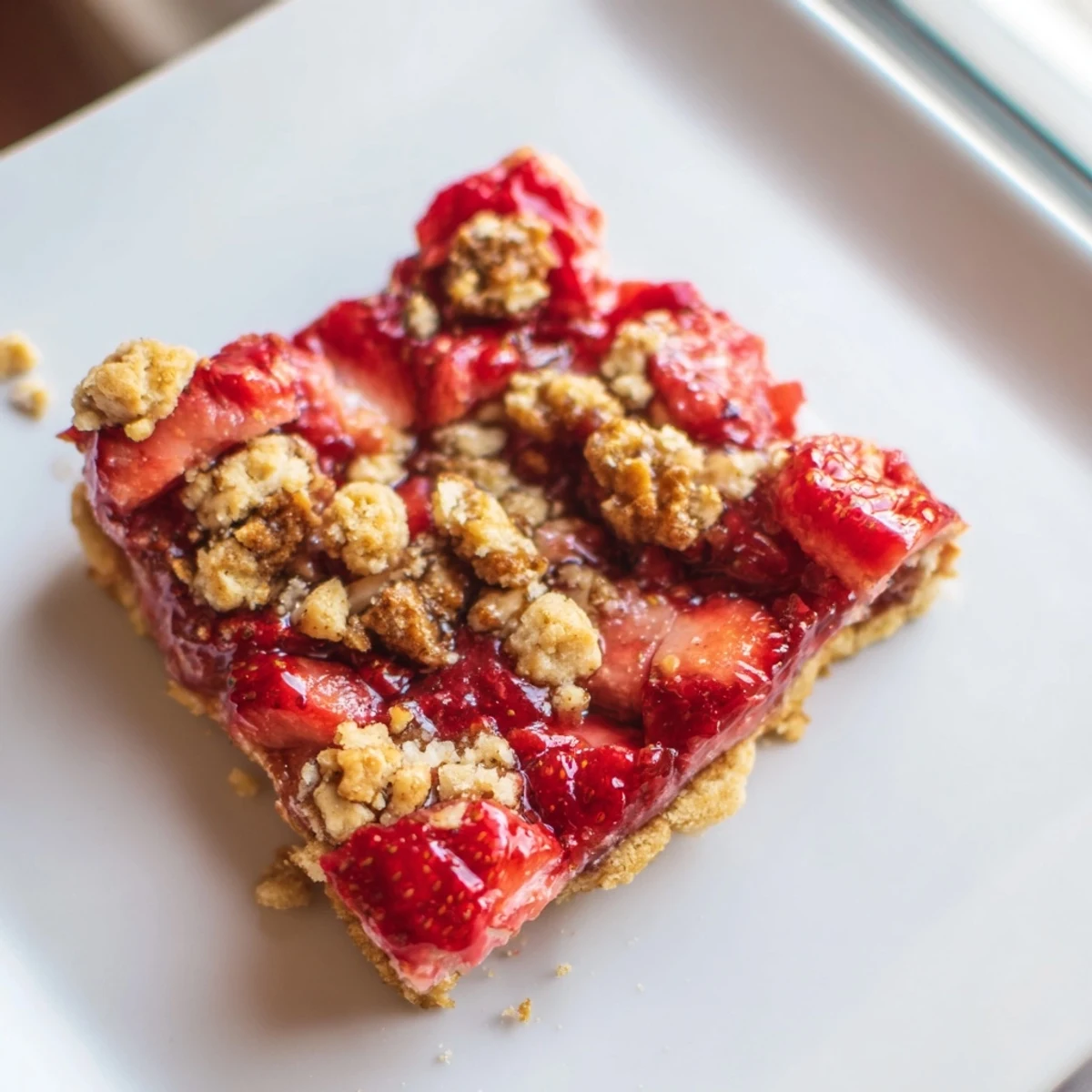 A close-up of freshly baked Simple Homemade Strawberry Jam Squares, showcasing their golden, buttery crust.