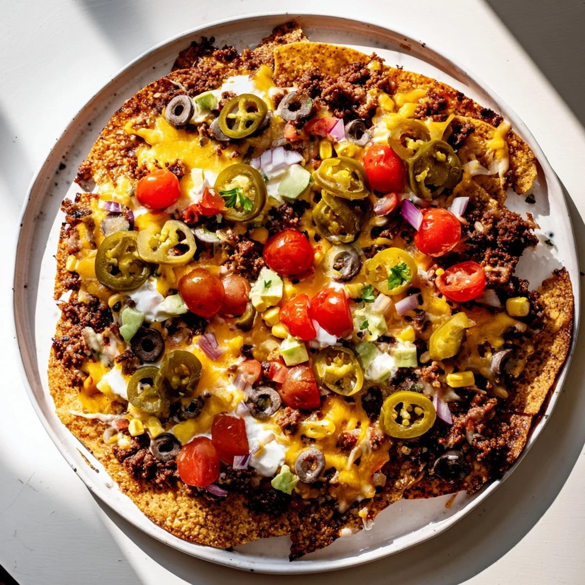 Golden, bubbly cheese covers perfectly arranged sheet pan beef nachos, ready to be enjoyed with friends or family.