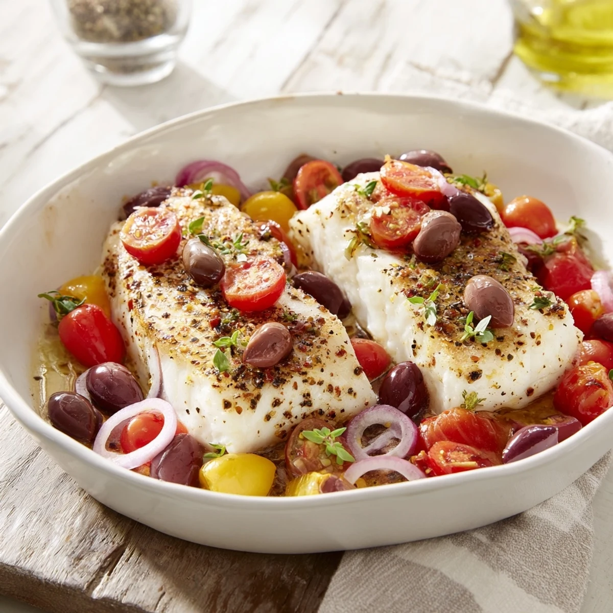 Juicy baked cod with cherry tomatoes and olives, a flavorful one-tray Mediterranean recipe.