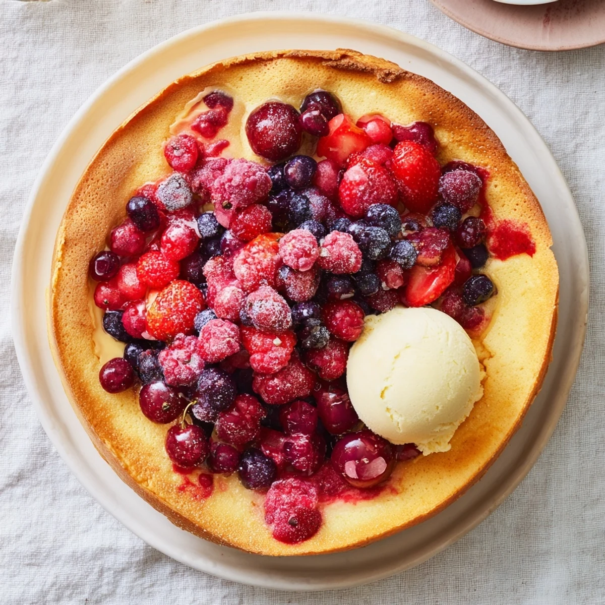 Warm Rustic Summer Berry Cobbler bubbling with ripe berries under a golden biscuit topping, ready to serve.