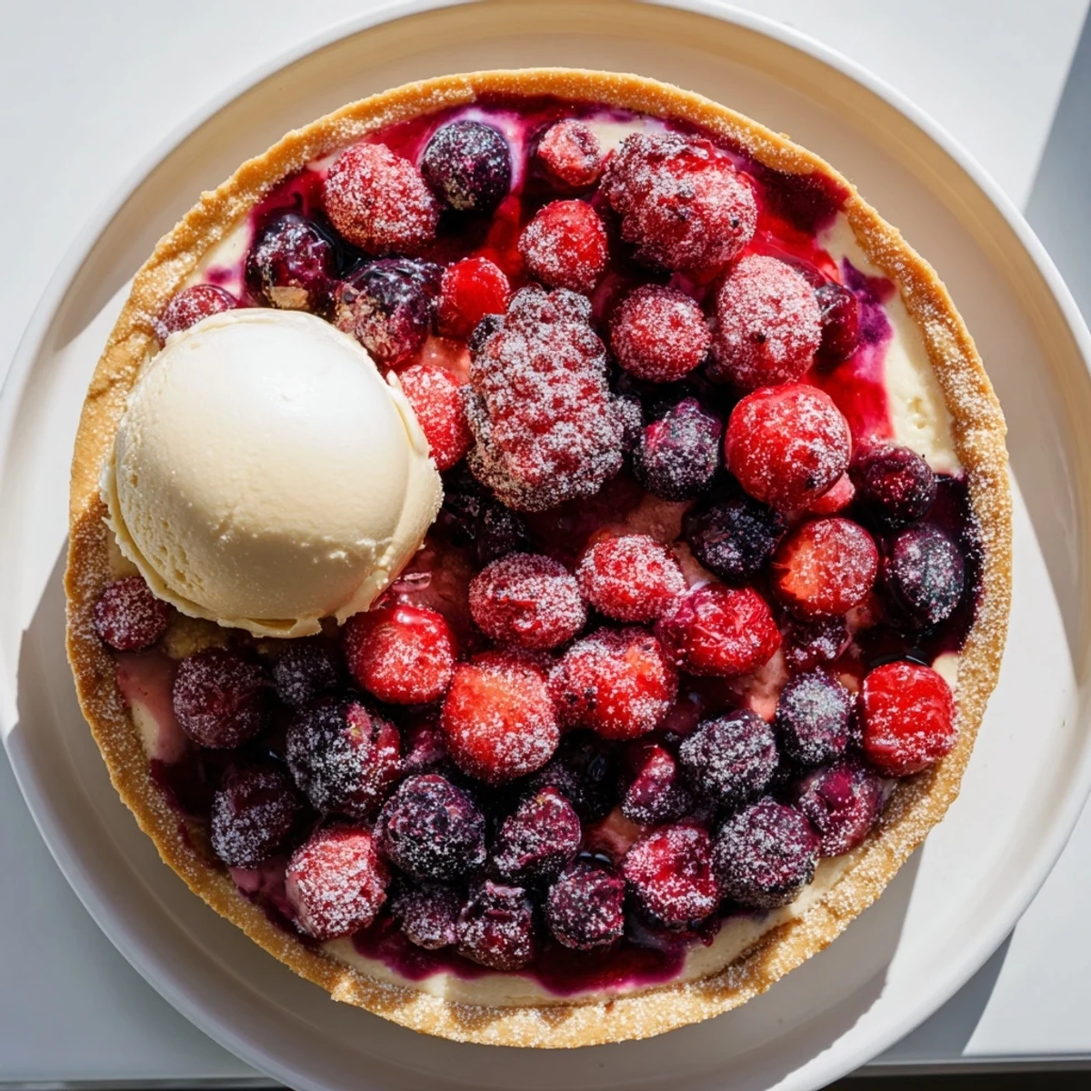 A close-up of a Rustic Summer Berry Cobbler: sweet berries with a flaky, buttery biscuit crust alongside ice cream.