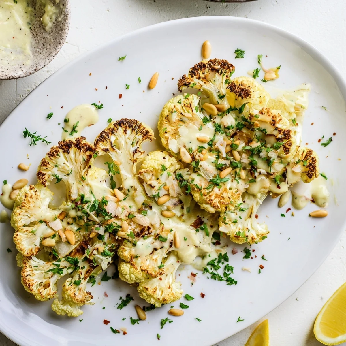 Roasted Cauliflower Steaks with a creamy tahini drizzle; a hearty, flavorful vegetarian main course.