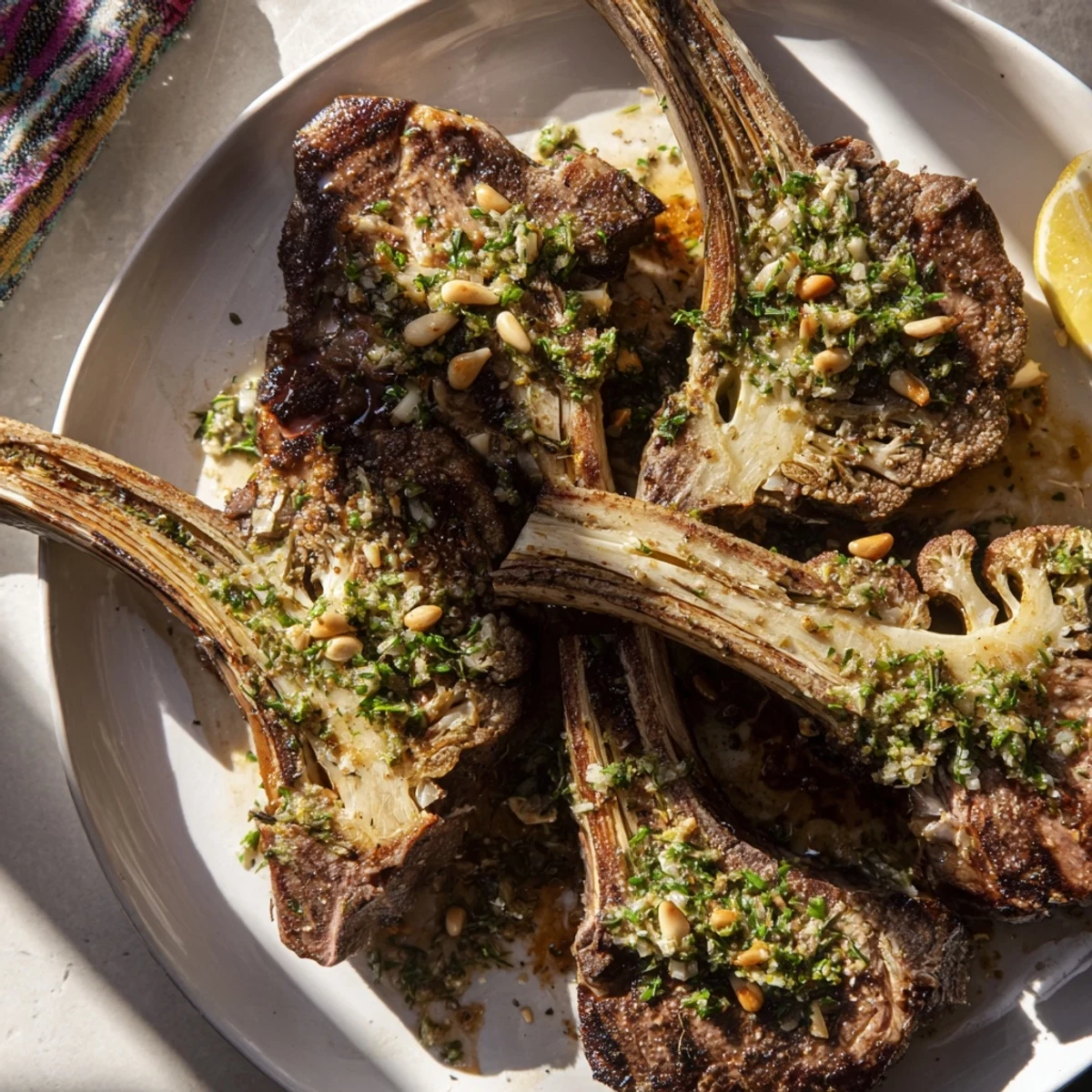 Golden-brown Roasted Cauliflower Steaks are generously drizzled with tahini, ready to be served and enjoyed.