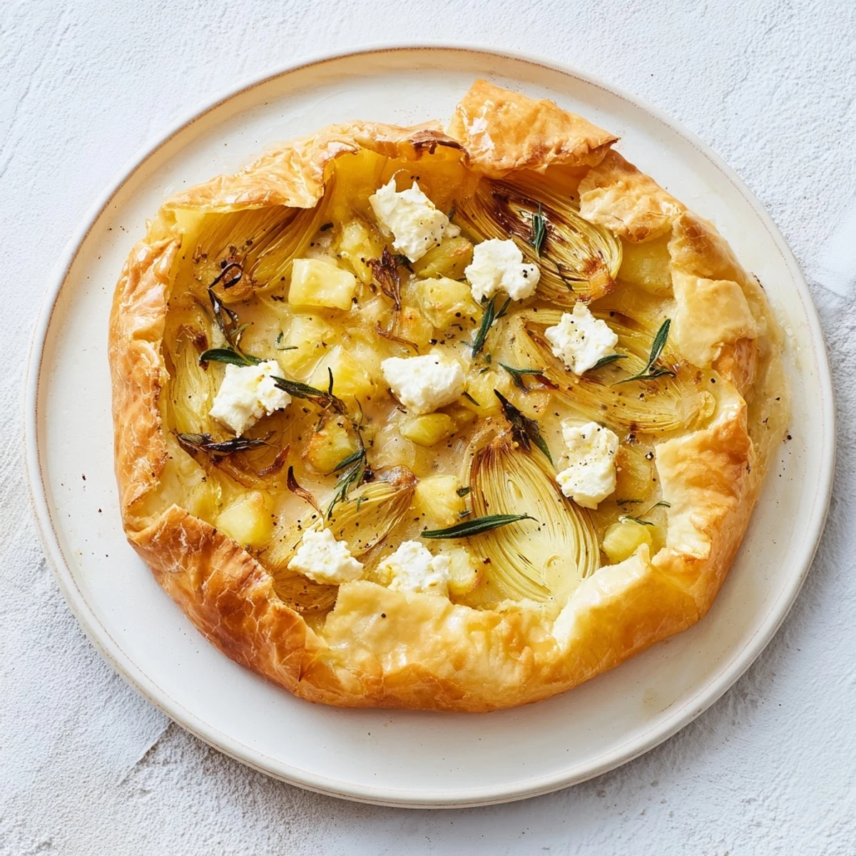 Golden-brown, bubbly Decadent Caramelized Onion and Goat Cheese Tart, ready for serving with a flaky crust.