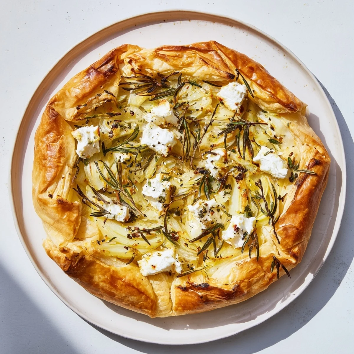 Close-up of a rustic, savory Decadent Caramelized Onion and Goat Cheese Tart, showcasing its creamy filling.