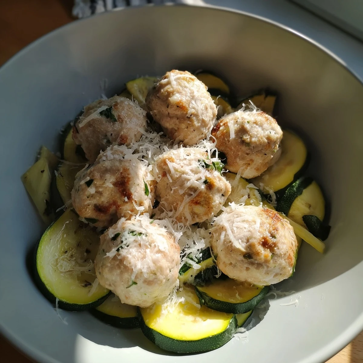 A sheet pan full of Easy Turkey Meatballs with Zucchini, cooked to golden perfection with herbs.