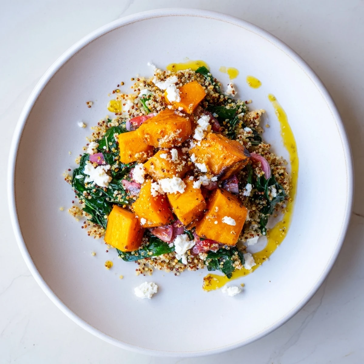 A close-up view of a Golden Honey-Roasted Butternut Squash Bowl, showing colorful, healthy ingredients.