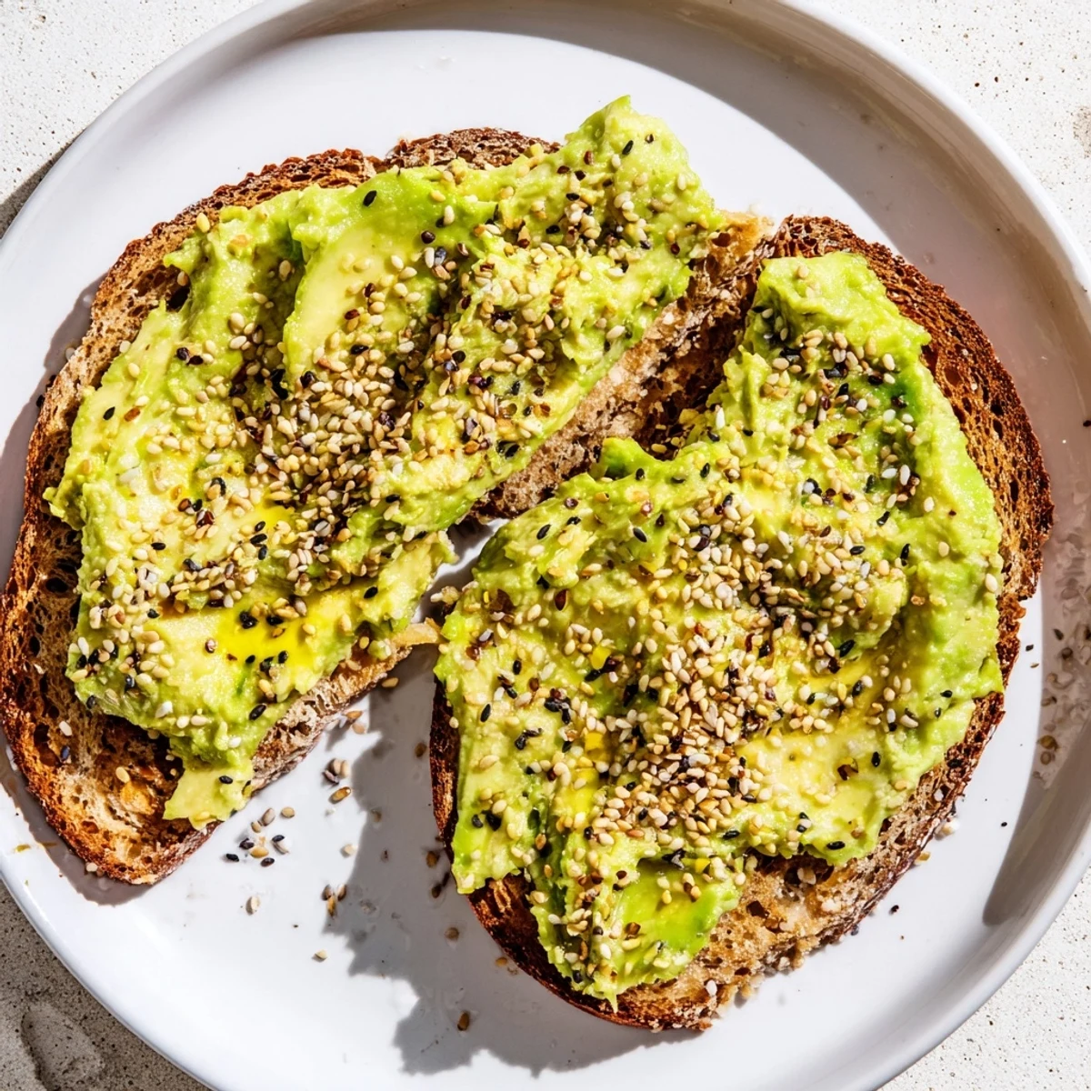 Golden-brown toast topped with mashed avocado and everything bagel seasoning, perfect for avocado toast lovers.