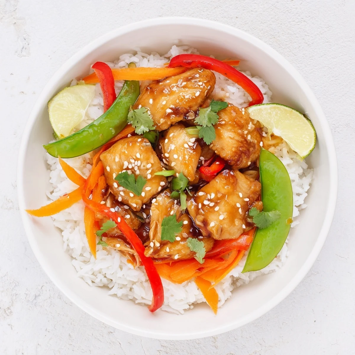 Steaming Sesame Ginger Rice Bowl with chicken, colorful veggies, and garnished with fresh cilantro.