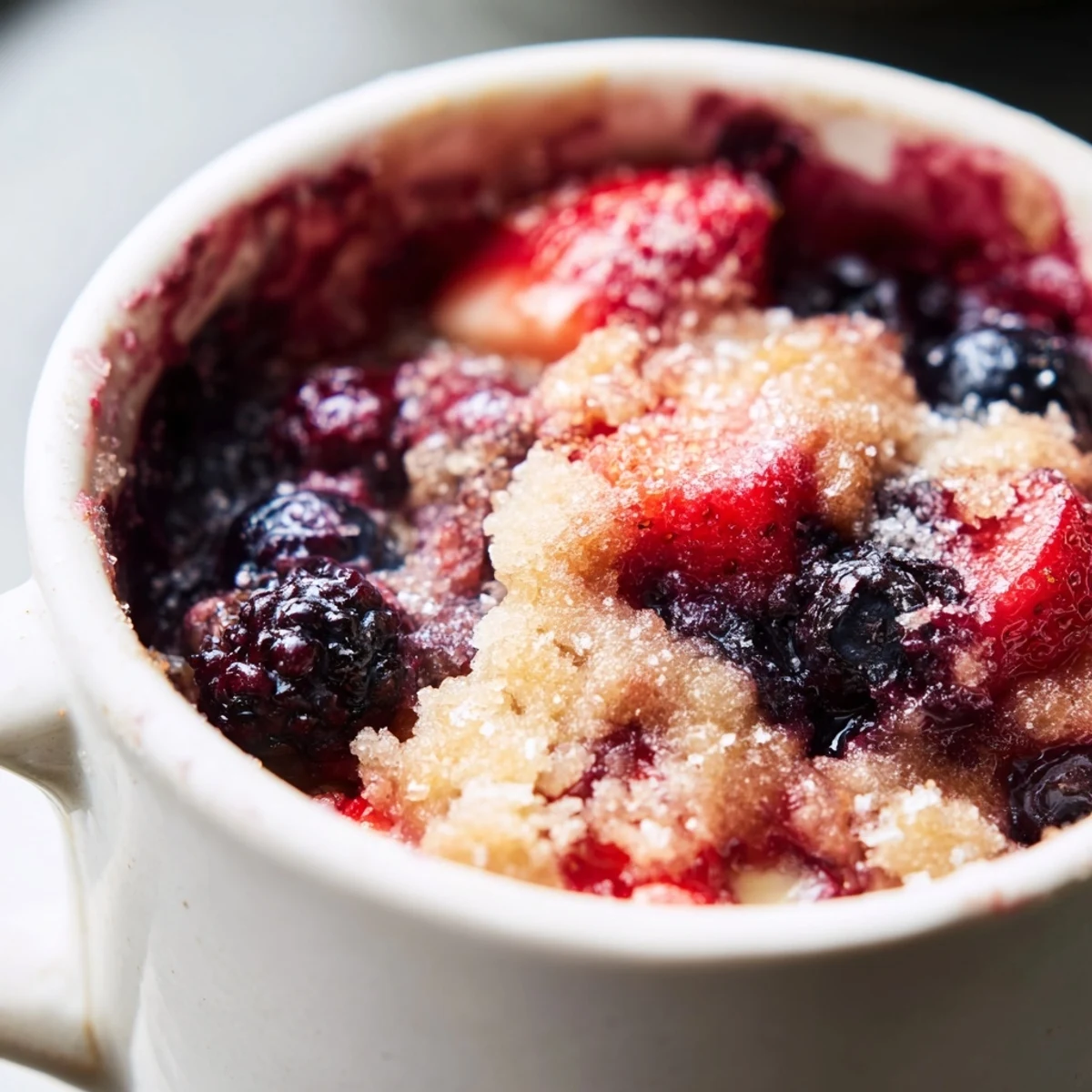 Golden crust covers a bubbling Mixed Berry Cobbler Mug Cake, promising a quick, warm, berry-filled dessert.