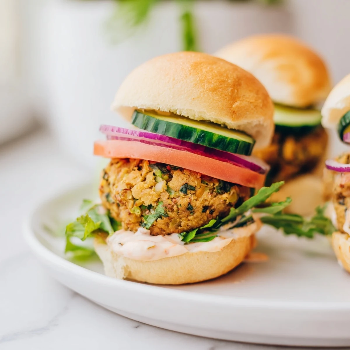 Golden-brown baked falafel sliders, bursting with fresh herbs and veggies, ready to enjoy with creamy tahini.