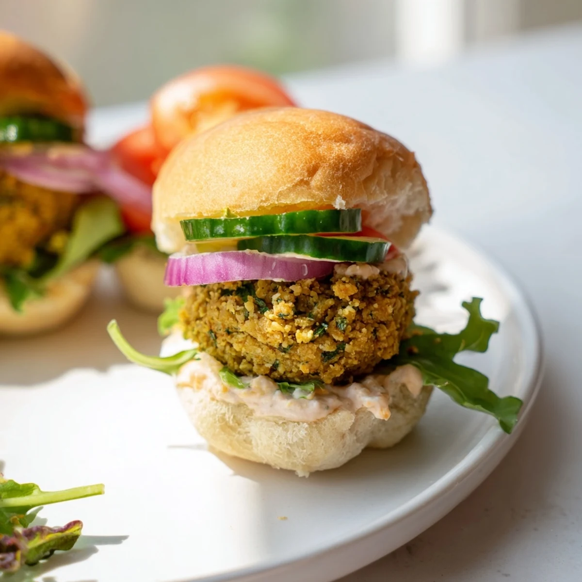 Perfectly plated baked falafel sliders on a rustic wooden board, ready to bite into with fragrant spices.