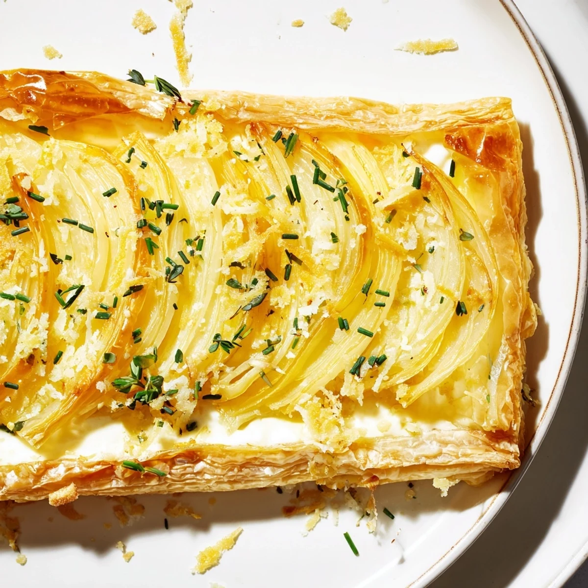 A close-up of a warm Caramelized Onion Tart, ready to serve with a crisp crust.