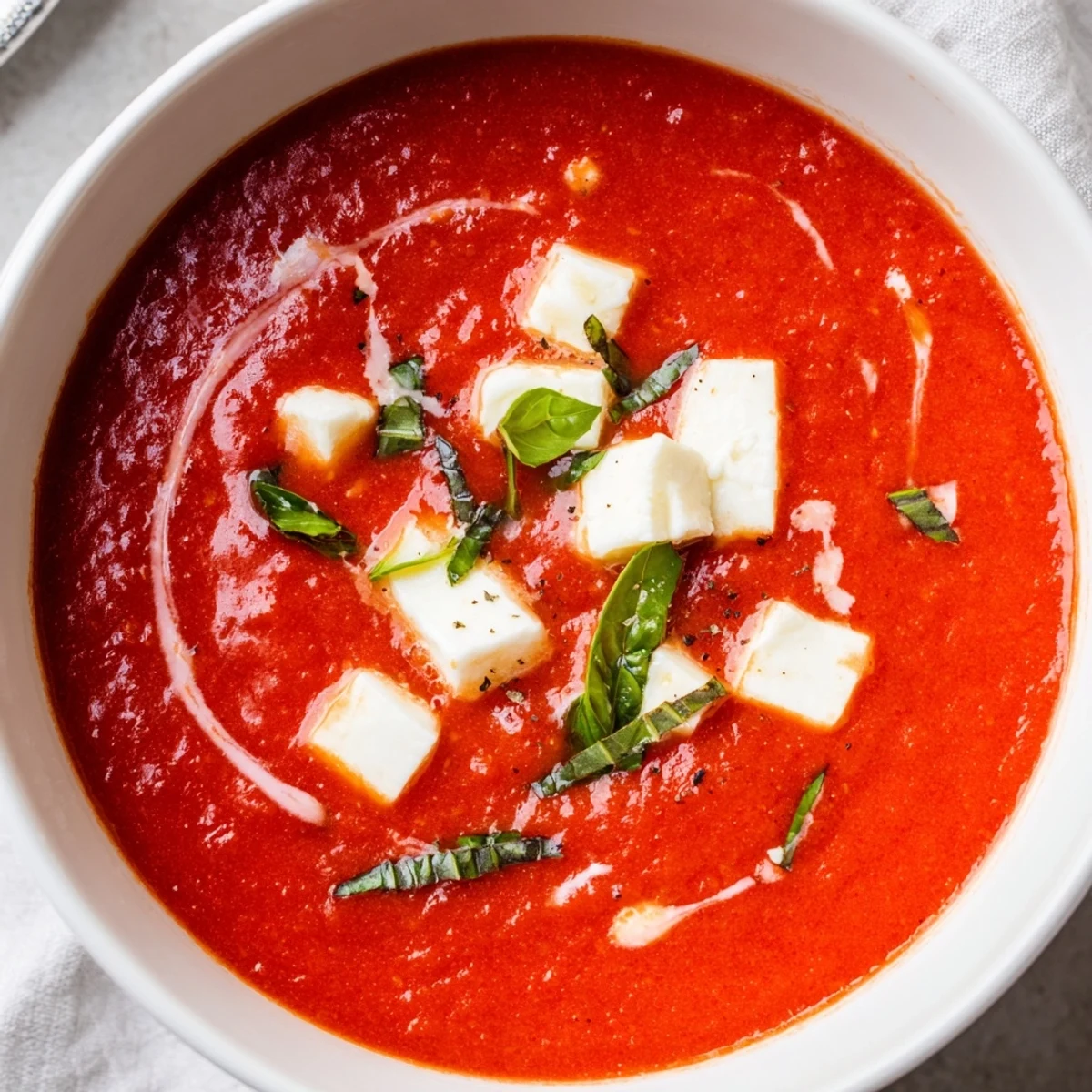 A steaming bowl of Creamy Tomato Mozzarella Soup, garnished with fresh basil, ready to enjoy.