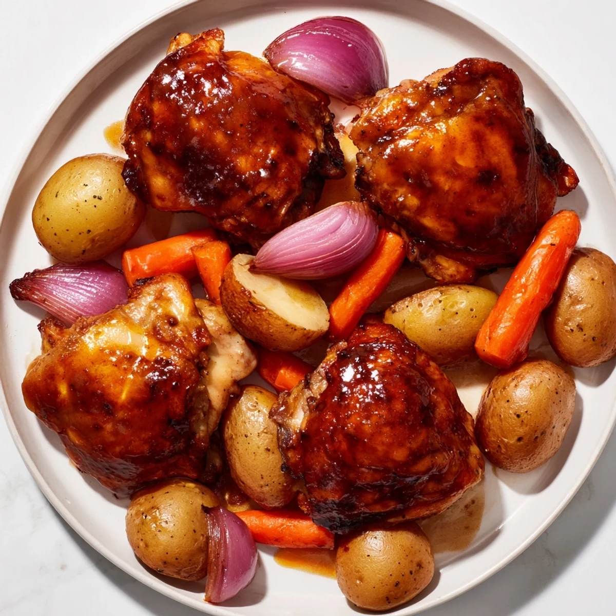 Sheet pan of flavorful Maple Dijon Chicken Thighs, perfectly cooked and glistening on the table.