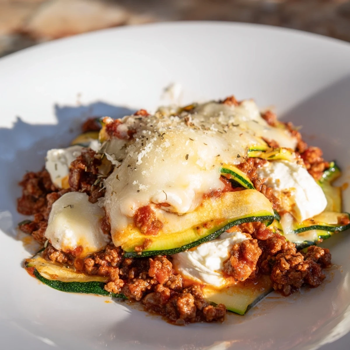 Zucchini lasagna skillet bubbling with melted mozzarella and perfectly browned ground beef and sauce.