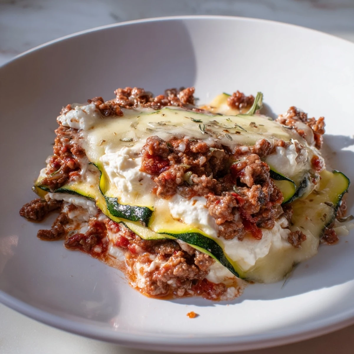 A hearty, low-carb Zucchini Lasagna Skillet with melted cheese, a comforting Italian meal.