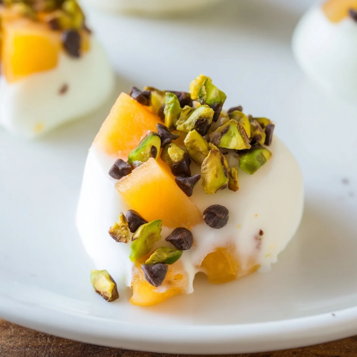 Frozen peach yogurt bites, frozen solid, with visible peach pieces mixed into creamy yogurt.