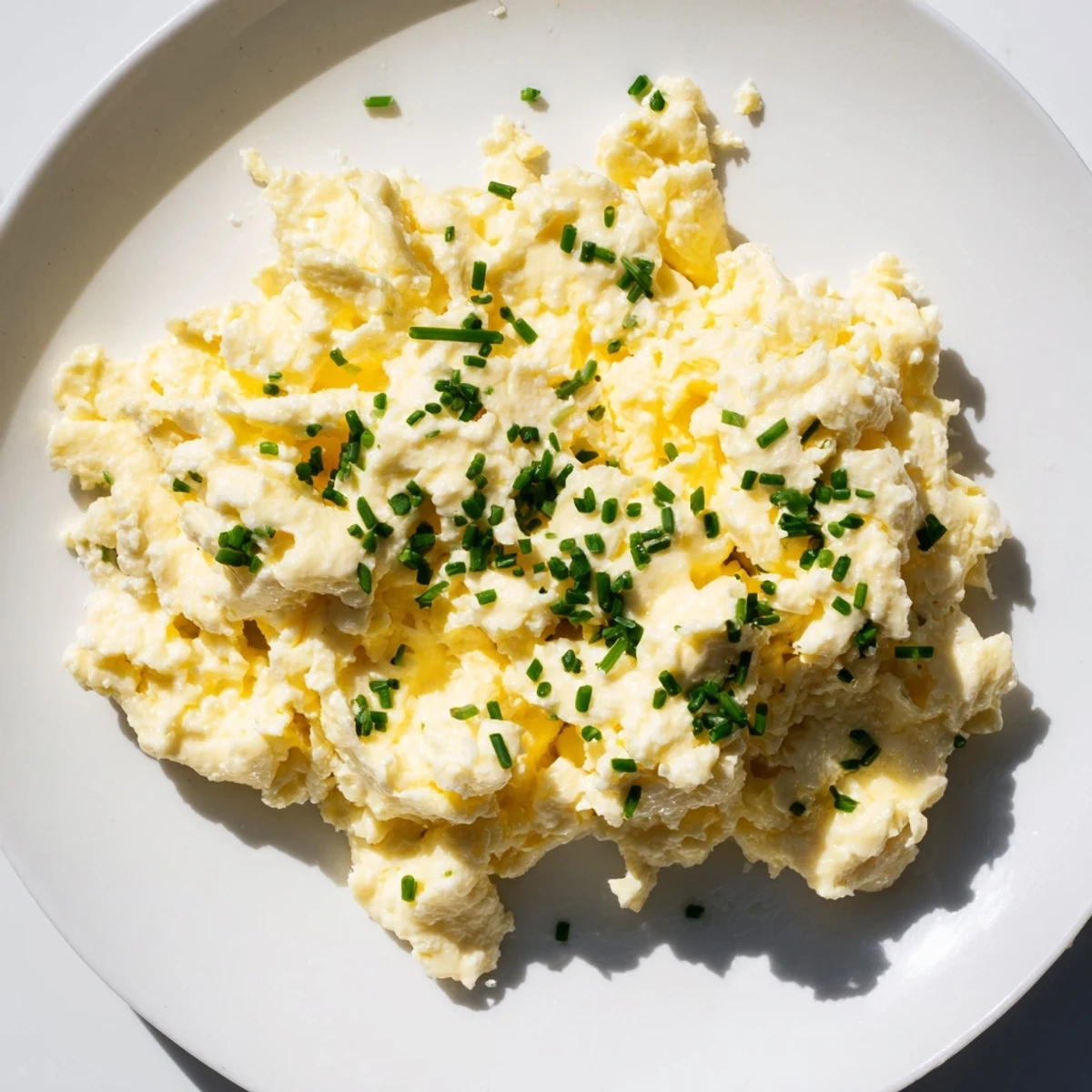Fluffy Cottage Cheese Scrambled Eggs, seasoned and garnished, ready for a protein-rich breakfast.