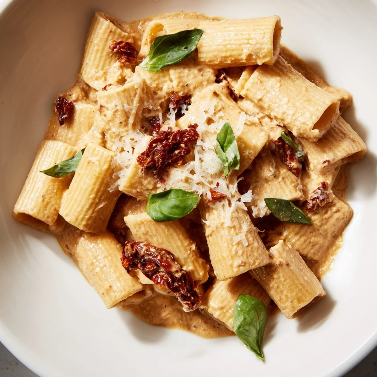 A vibrant photo showcases creamy sun-dried tomato pasta, glistening with Parmesan and fresh basil, a delicious Italian meal.