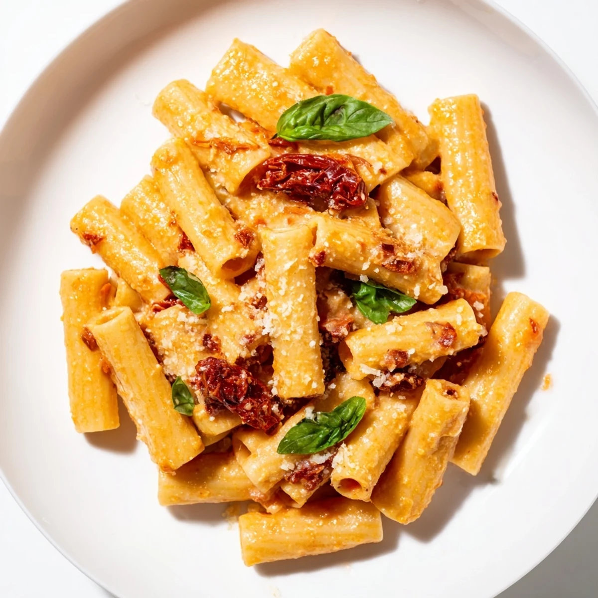 This warm image features a bowl of creamy sun-dried tomato pasta, with tomatoes, garlic, and herbs perfectly combined.