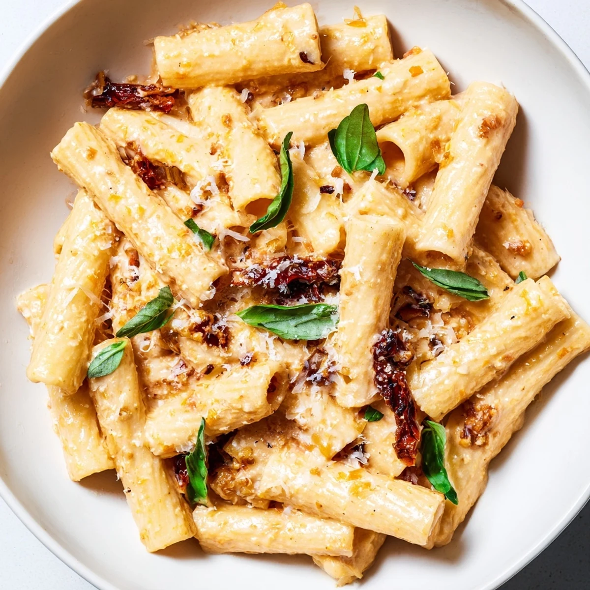 Tempting creamy sun-dried tomato pasta, richly coated in flavorful sauce, garnished with fresh basil for a bright finish.