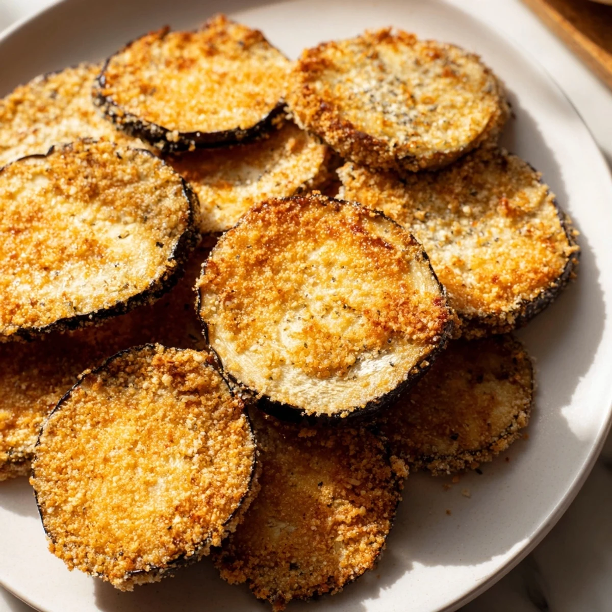 Golden brown Crispy Eggplant Parmesan Chips ready to be dipped in marinara sauce for delicious snacking.