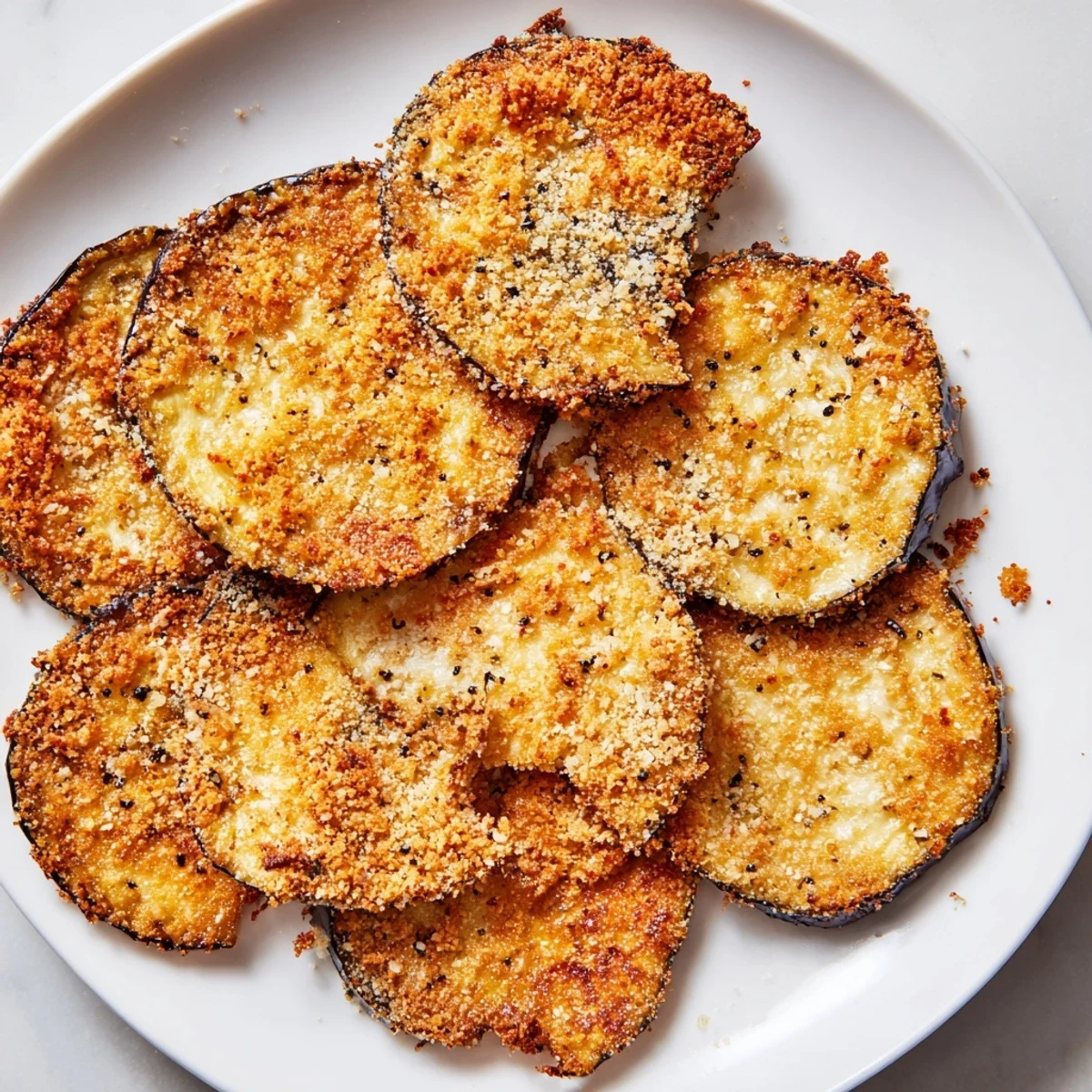 Oven-baked Crispy Eggplant Parmesan Chips, showing the perfect crunch and herb-flecked parmesan coating.