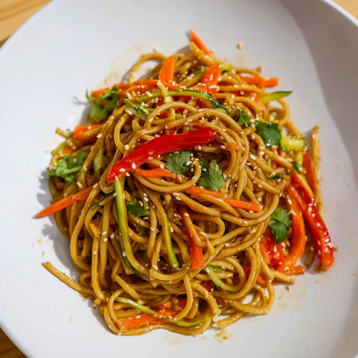 Golden garlic oil coats the colorful noodles and vegetables in this garlic noodle salad.