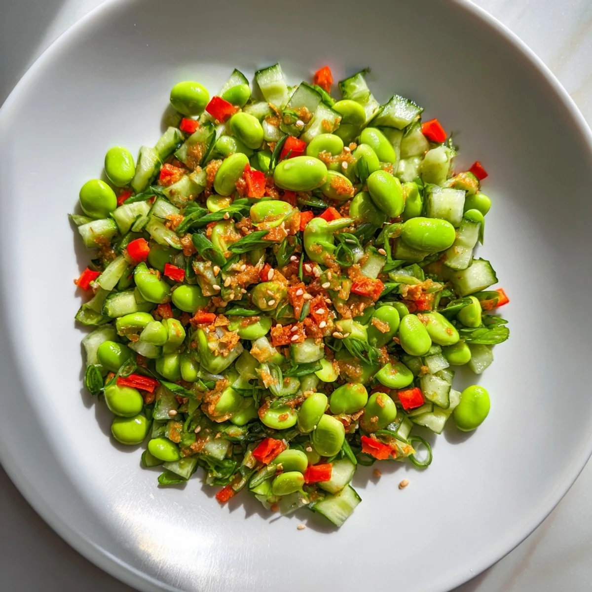 A beautiful bowl of Edamame Salad loaded with fresh vegetables and sesame seeds.