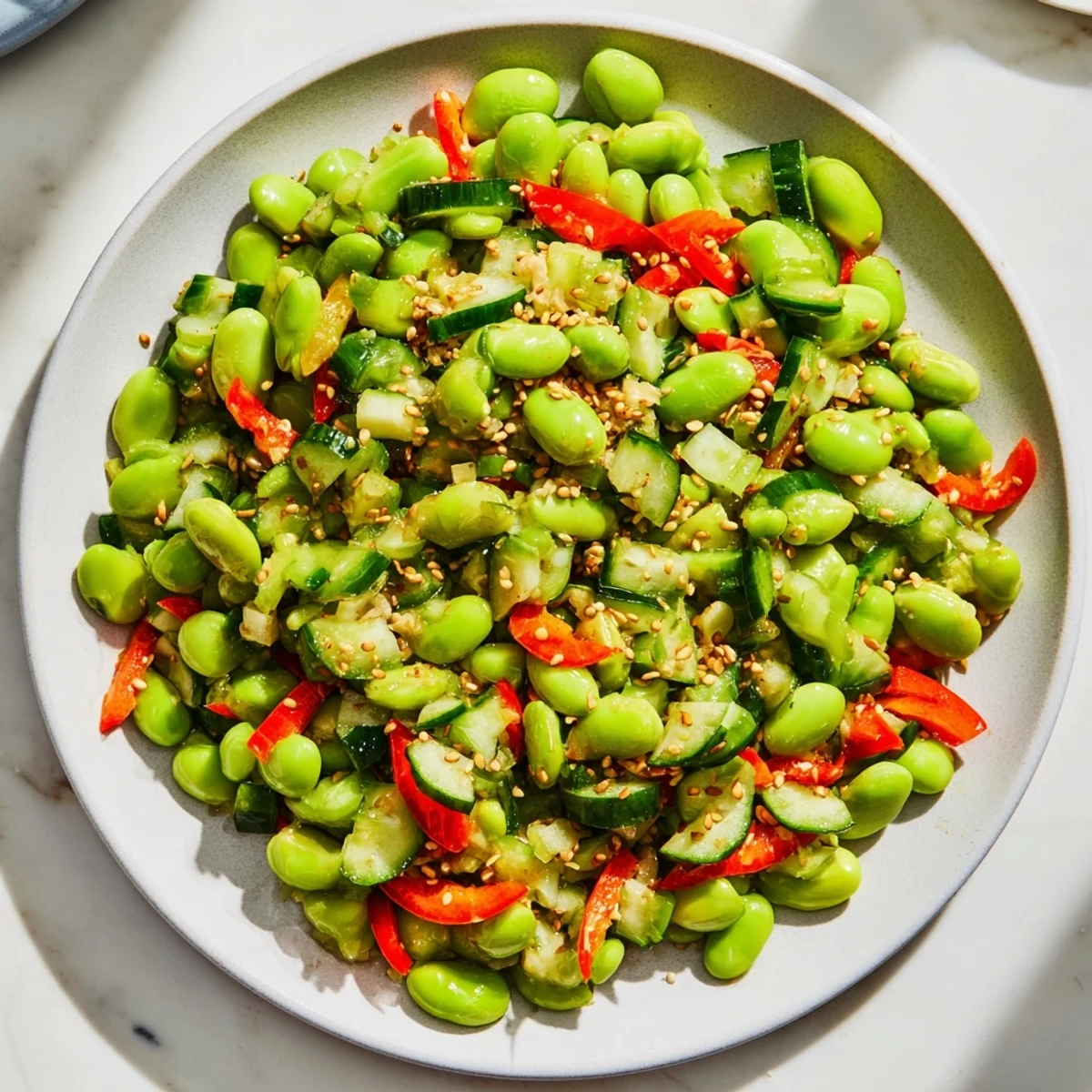 Vibrant Edamame Salad with crisp cucumber and a sesame dressing, ready to enjoy.