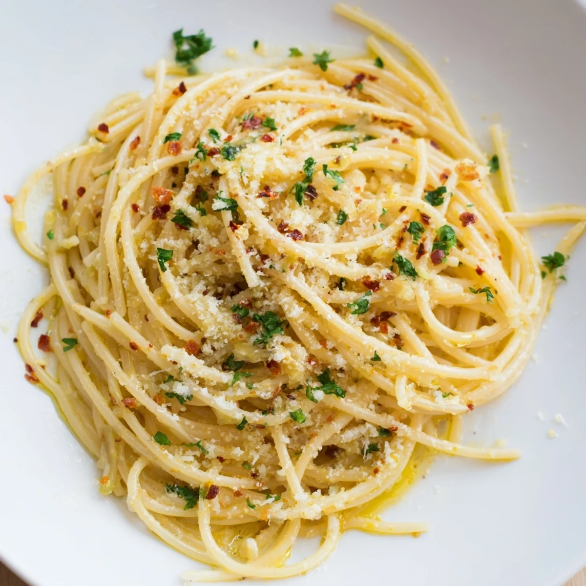 Bright photo of a simple Aglio e Olio express pasta, ready in ten minutes, tossed with chili flakes.