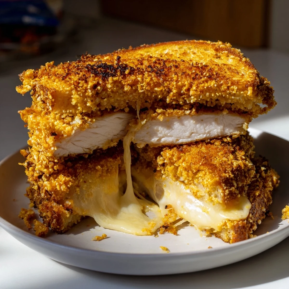 Golden, crunchy Crispy Parmesan Chicken Thighs nestled in melty grilled cheese, a comforting lunch.