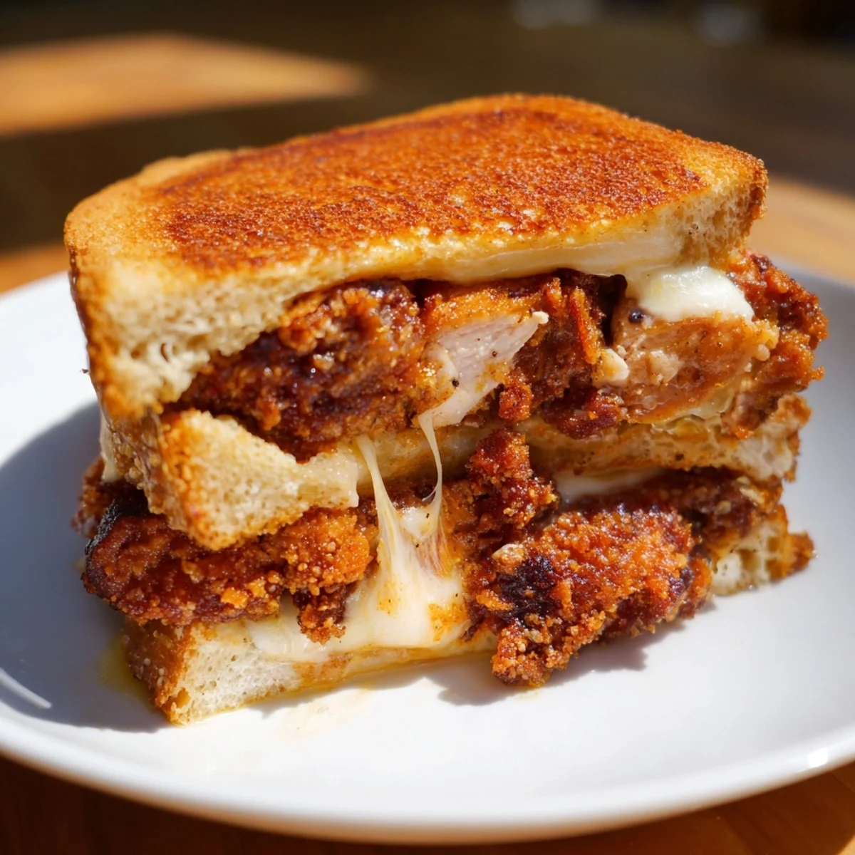 Buttery sourdough enveloping juicy Crispy Parmesan Chicken Thighs, perfectly grilled and oozing cheese.