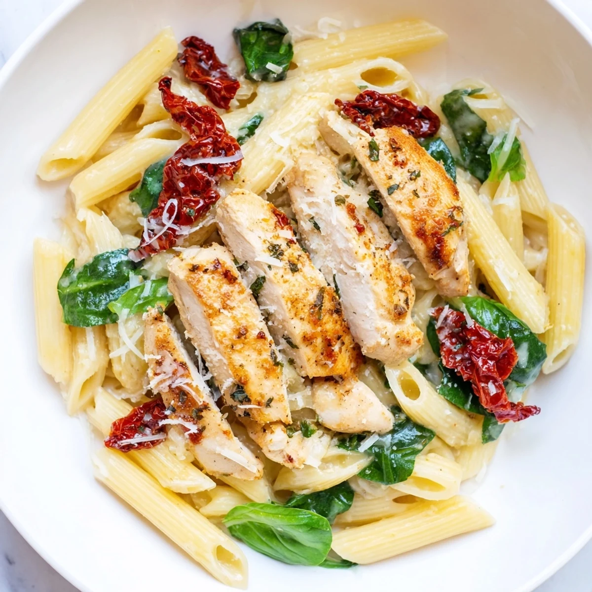 This creamy Tuscan chicken pasta shows a flavorful dish with fresh spinach and Parmesan.