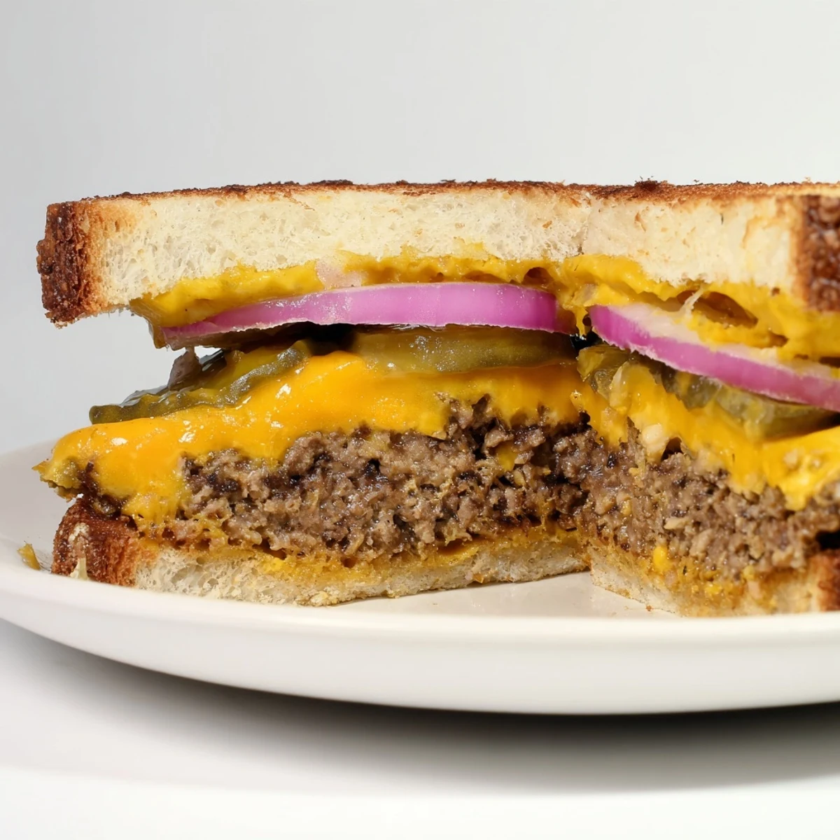 Melted cheddar tops a juicy smashed burger grilled cheese, ready to enjoy with a golden crust.