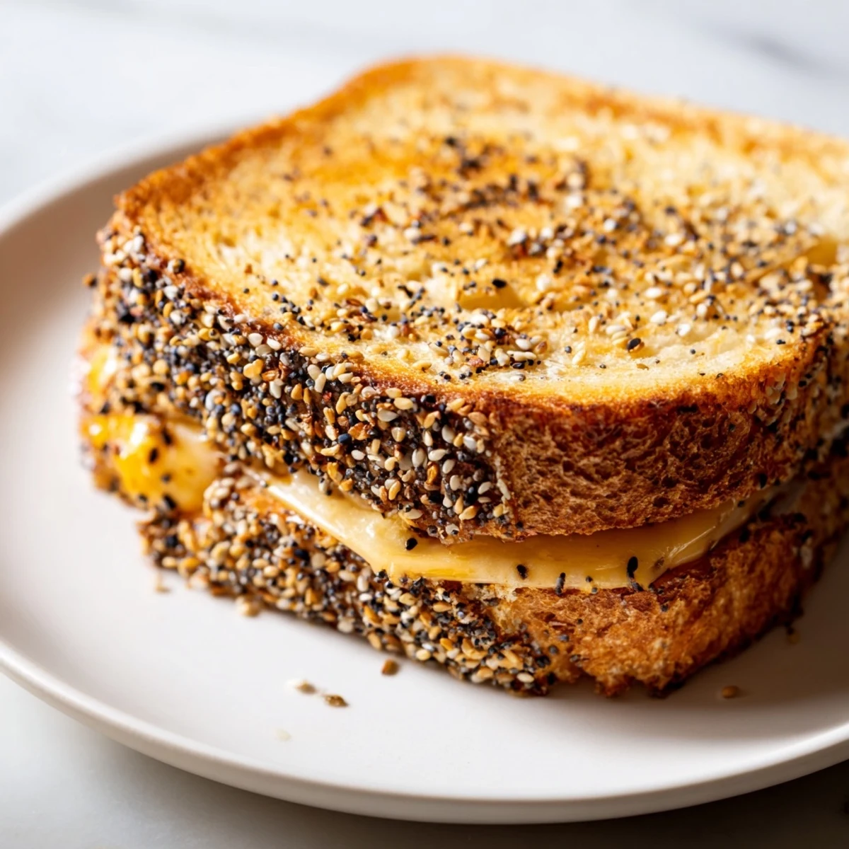 This simple Everything Bagel Grilled Cheese shows perfectly toasted bread and bubbling cheese filling.