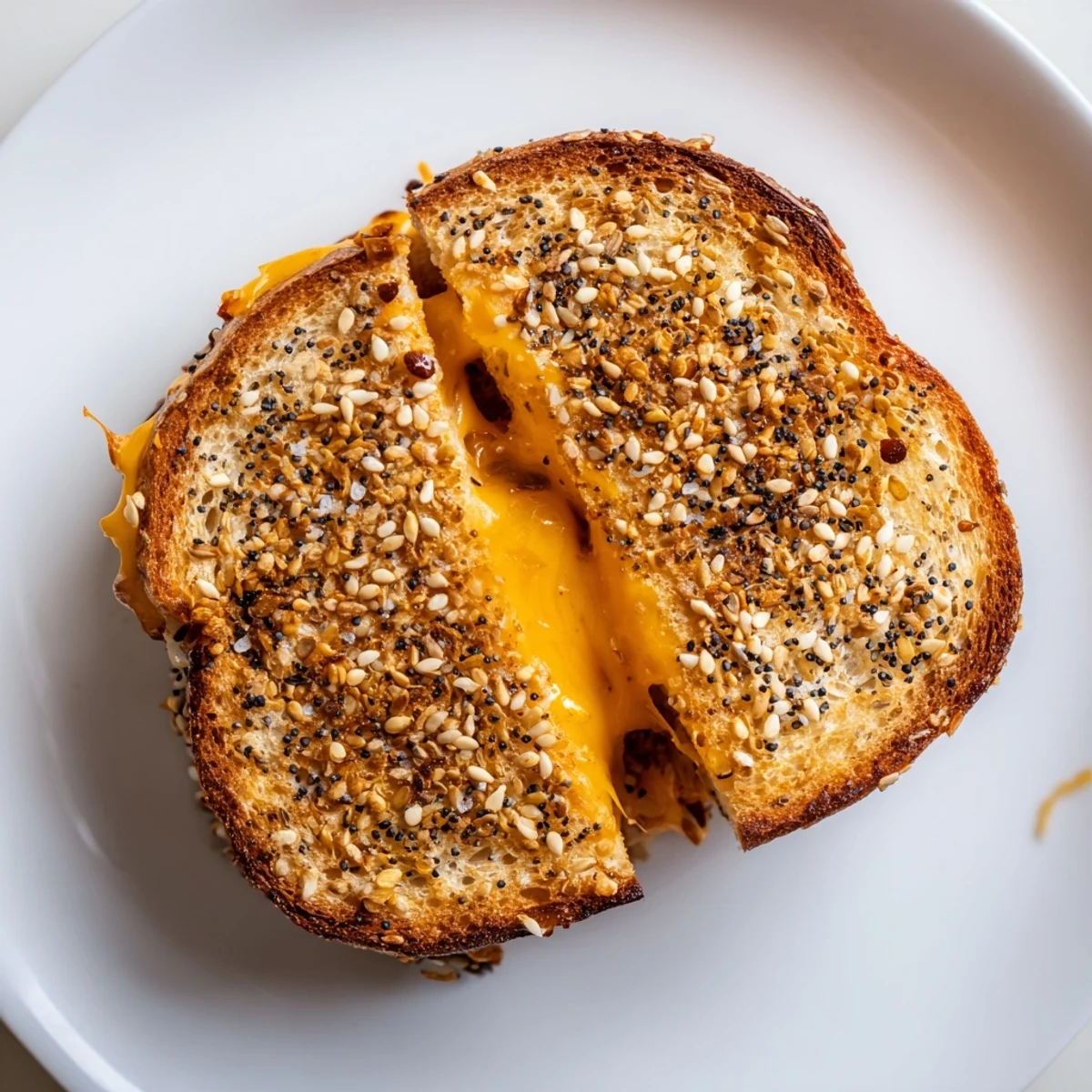 Everything Bagel Grilled Cheese with melted cheddar oozing out on golden-brown bread.