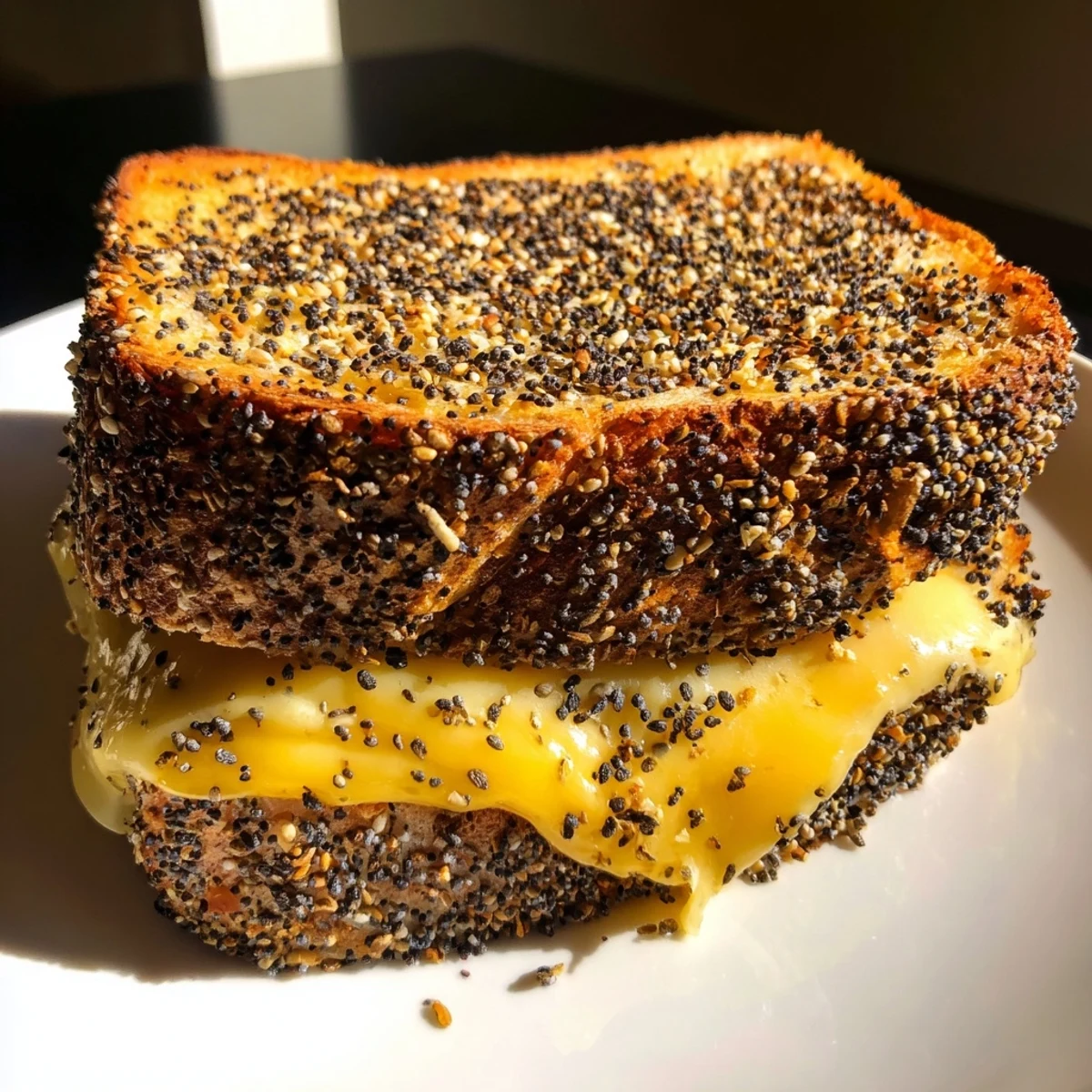 Crispy, golden Everything Bagel Grilled Cheese ready to serve alongside a bowl of tomato soup.