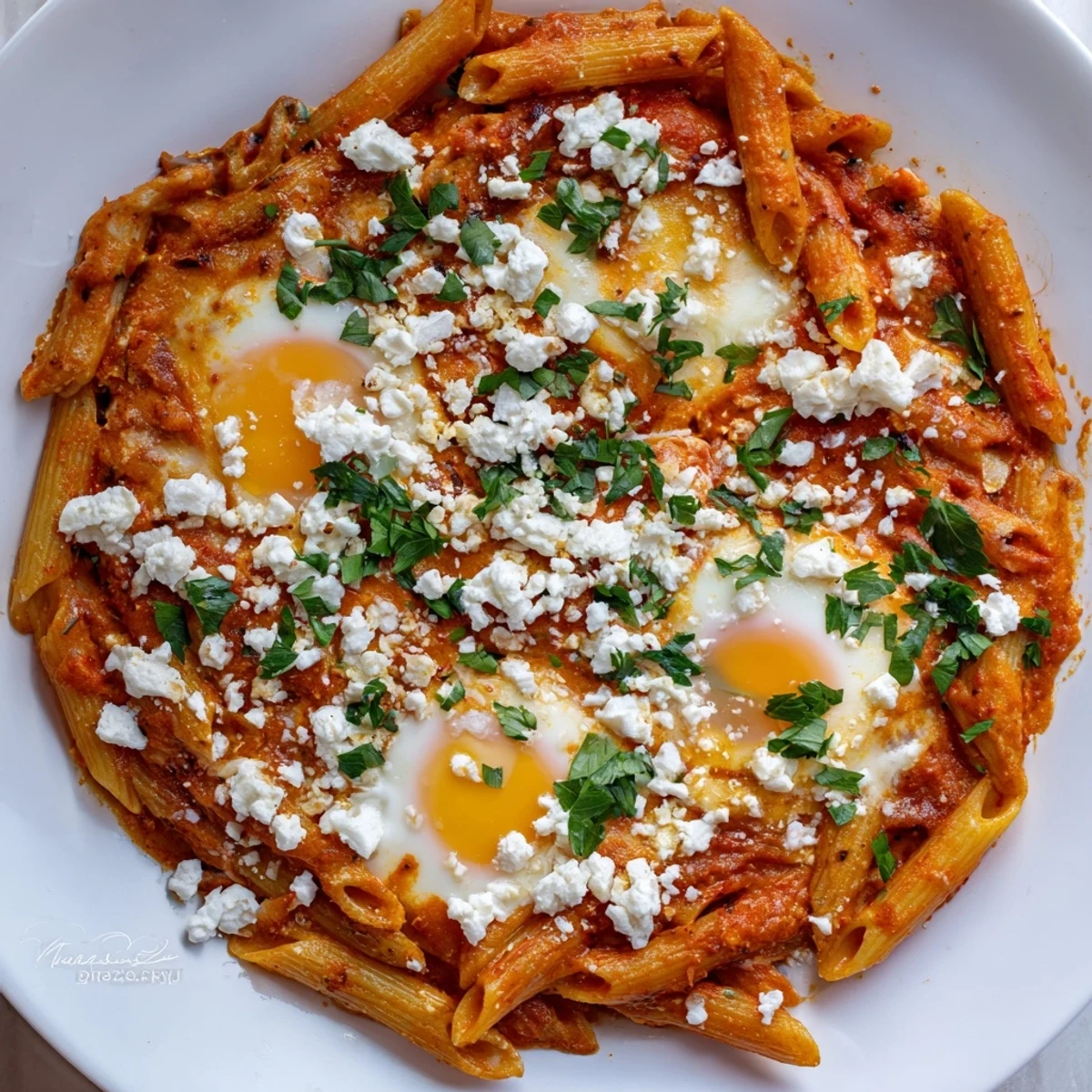 Quick Shakshuka Pasta: a close-up of the delicious pasta, with runny eggs and vibrant, chunky tomato sauce.