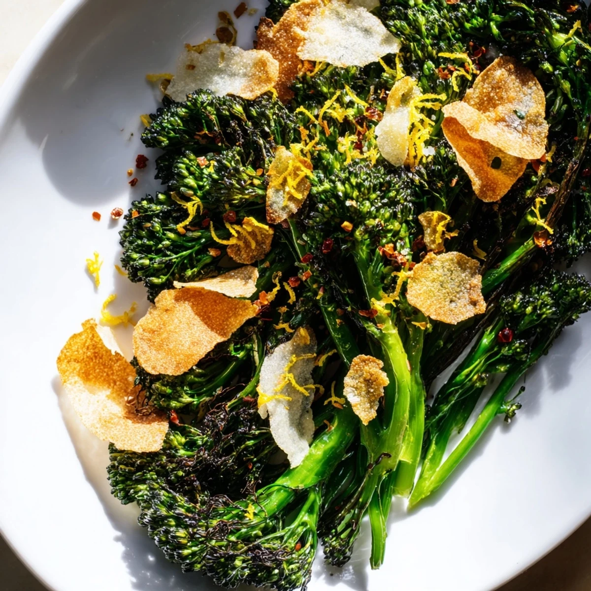 Charred broccolini salad, a colorful vegetarian delight topped with crispy garlic and Parmesan cheese.